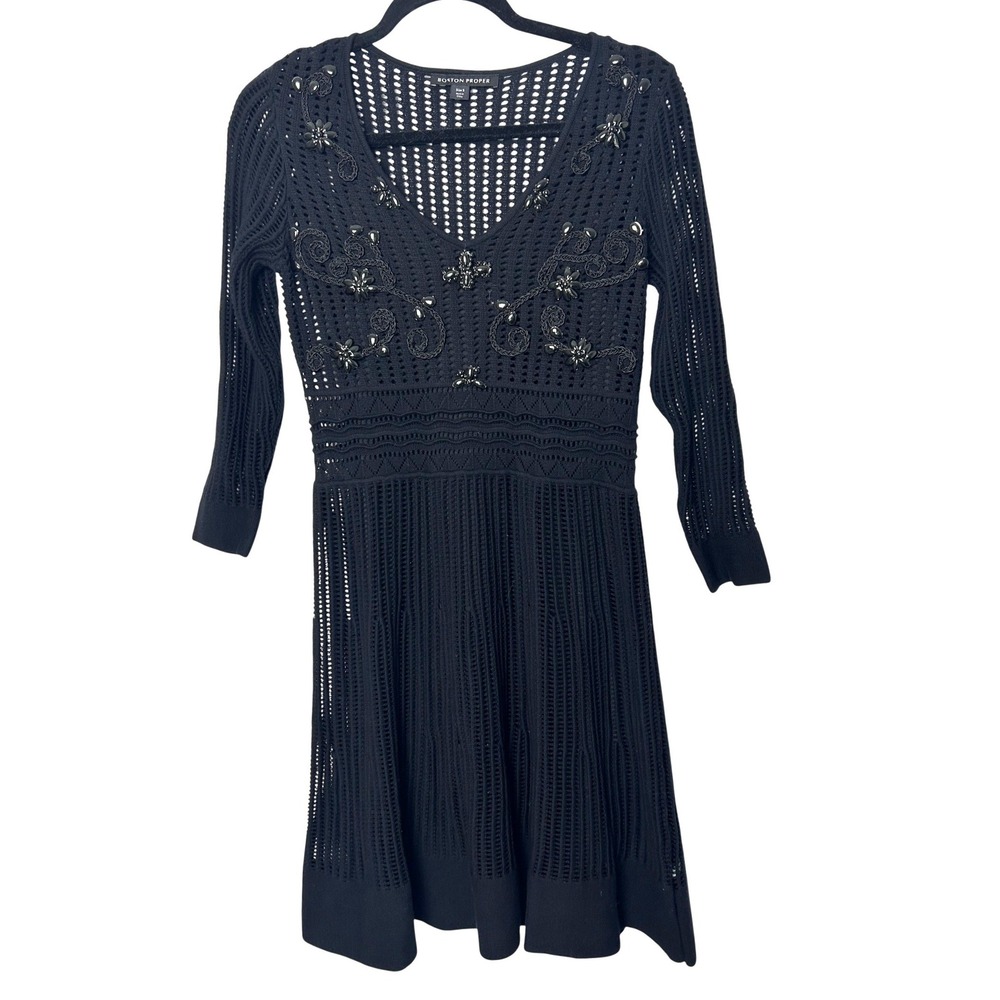 Boston Proper Dress Women's S Black Crochet Beaded  Fit Flare boho dark feminine